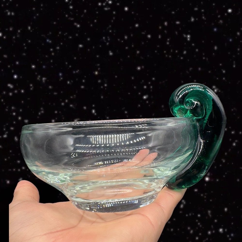 Vintage Olive Dish Glass Bowl‎ W Green Snail Scroll Handle Glass Clear 5.5”W 3”T